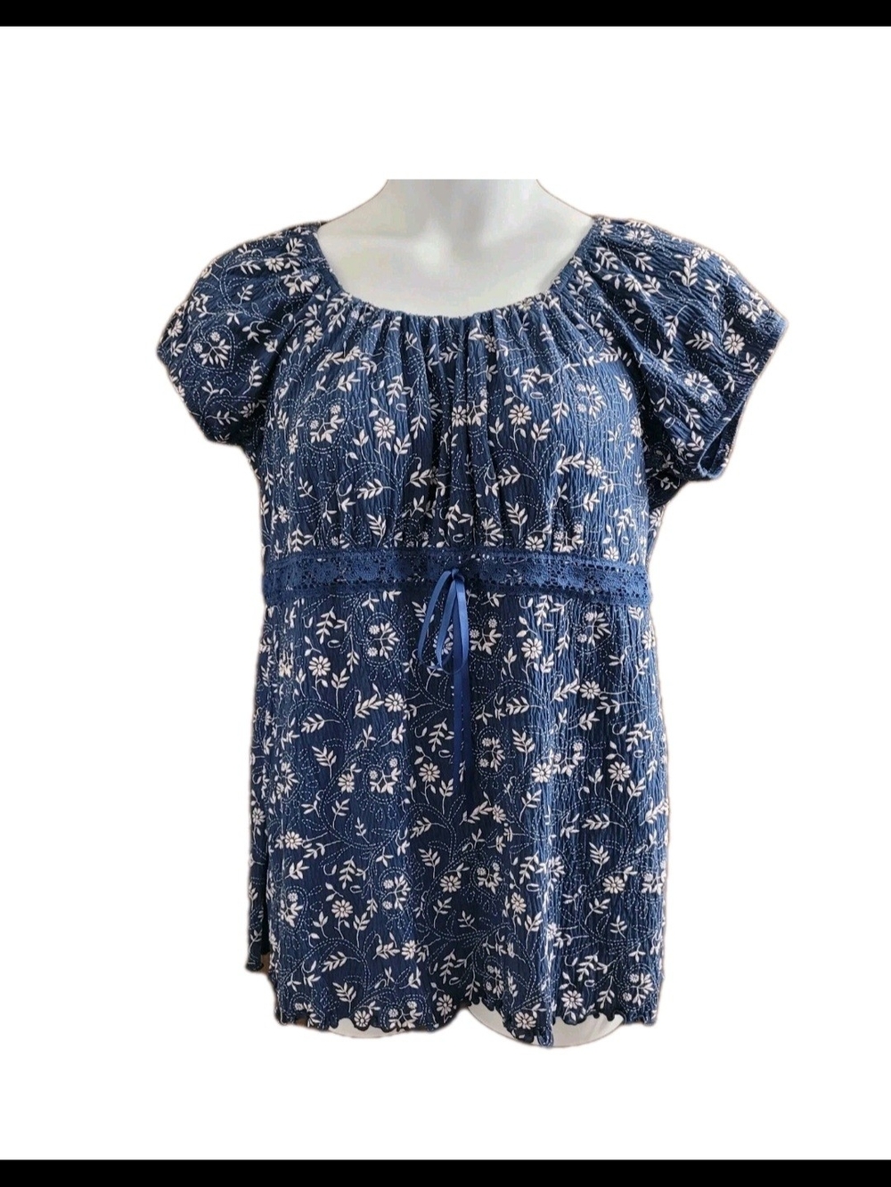 Boho Cottage Prairie Babydoll Blue And White Floral Crochet Waist Women's Sz 2X